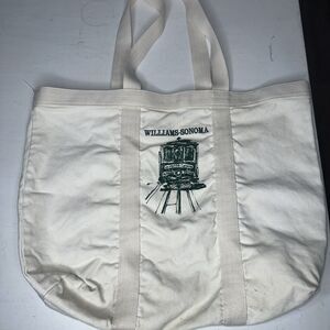 Williams-Sonoma Trolley Tote Market Bag Cream Green Cotton Canvas Bag 19 x 16